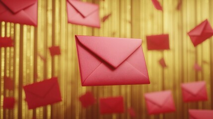 Poster - Vibrant red envelopes scattered on a luxurious gold fabric textured background with an open text zone for customization creating a festive and auspicious theme perfect for Chinese New Year