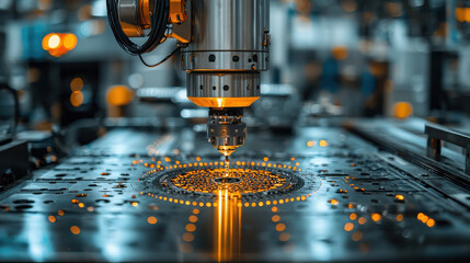 Fototapete - close up of robotic arm in manufacturing plant, showcasing precision and technology in action. intricate details highlight advanced machinery and its capabilities