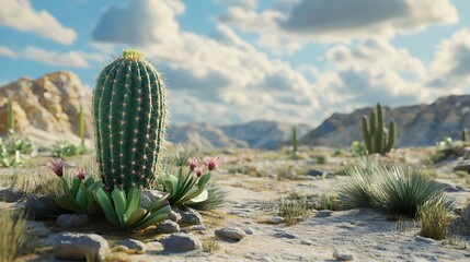 Canvas Print - Majestic Desert Landscape: Cactus and Mountains under a Sunny Sky