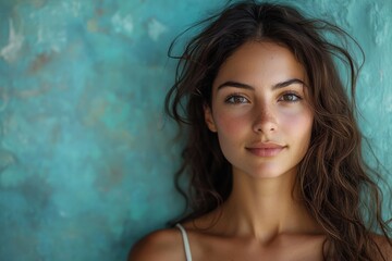 Wall Mural - Captivating young woman with long hair and glowing skin poses against a textured turquoise background in natural light