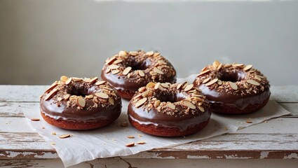 Wall Mural - Delicious Chocolate Donuts with Almond Topping on Rustic Wooden Table