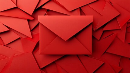 Poster - Vibrant red envelopes arranged in dynamic overlapping shapes to create a festive 3D with a blank text area for design or copy