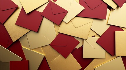 Poster - Luxurious gold and red envelopes arranged in abstract symmetrical patterns with a spacious text zone creating a modern and festive theme perfect for holiday designs 3D