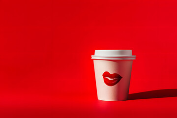 Canvas Print - Disposable coffee cup with lipstick mark on red background