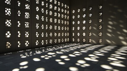 Wall Mural - abstract shadows and light patterns cast on floor through patterned concrete wall.