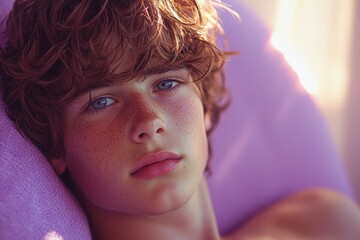 Wall Mural - Young boy relaxes on a purple cushion in soft sunlight showcasing natural beauty and expressive gaze