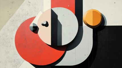 Wall Mural - abstract geometric art with red, gray, and yellow circles and shapes on a textured background.
