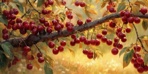 Poster - The cherry tree is abundant with ripe fruit, showcasing the vibrant beauty and richness of the cherry tree during harvest. The cherry tree offers a delightful view of its fruitful bounty.