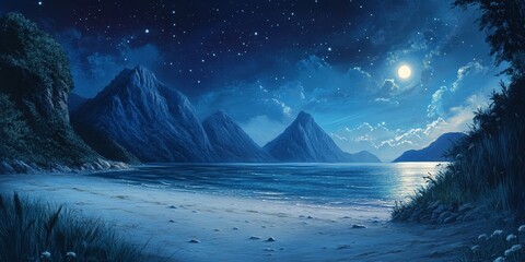 Aufkleber - Serene night beach scene featuring a captivating mountain view, where the tranquil beach meets the majestic mountains under the starry sky, creating an enchanting night beach atmosphere.