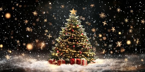 Aufkleber - Vibrant Christmas tree adorned with twinkling lights, surrounded by shimmering stars and drifting snowflakes on a black background. Celebrate the festive spirit of Christmas and the New Year.