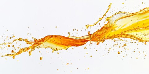 Poster - Vibrant splash of sunflower oil captured in isolation against a clean white background, showcasing the rich texture and dynamic movement of sunflower oil in an artistic manner.