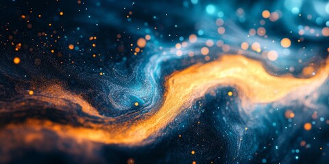 Poster - An aerial perspective showcases a dynamic transition of particles, shifting from a deep blue hue to a bright, vibrant yellow, highlighting the flow and movement of colors.