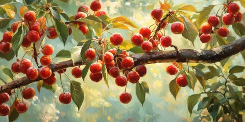 Poster - The cherry tree is abundant with ripe fruit, showcasing the vibrant beauty and richness of the cherry tree during harvest. The cherry tree offers a delightful view of its fruitful bounty.