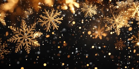 Poster - Elegant black winter background adorned with shimmering golden snowflakes, perfect for a festive Christmas theme, showcasing the beauty of winter and the magic of Christmas.