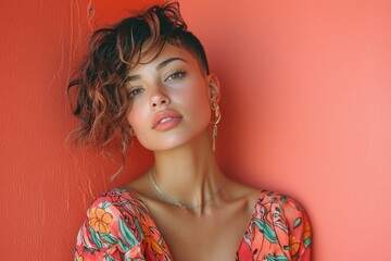 Wall Mural - Young woman with curly hair poses against a vibrant red wall wearing a floral outfit and subtle makeup