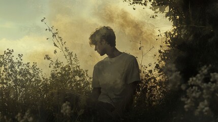 Canvas Print - Pensieve Young Man in a Field of Wildflowers at Sunset