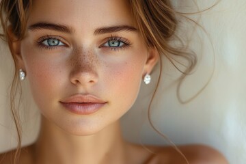 Wall Mural - Young woman with striking blue eyes and natural beauty poses against neutral background with soft lighting