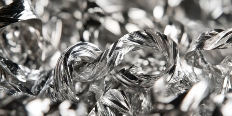  Recycling steel scrap materials is essential for sustainability. This image showcases aluminum chip waste generated from CNC machining, featuring close up twisted spiral steel shavings that highlight