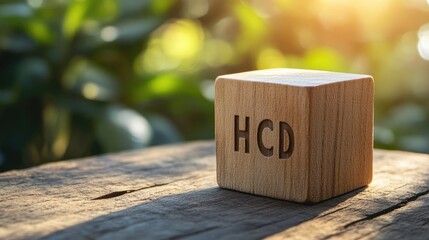 Aufkleber - Wooden cube displaying HCD abbreviation symbolizes Human Centered Design with a natural, aesthetically appealing background in soft sunlight.
