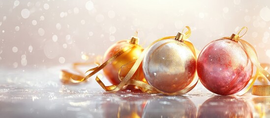 Aufkleber - Colorful Christmas ornaments with golden ribbons set against a soft light background ideal for winter holiday decor and festive celebrations
