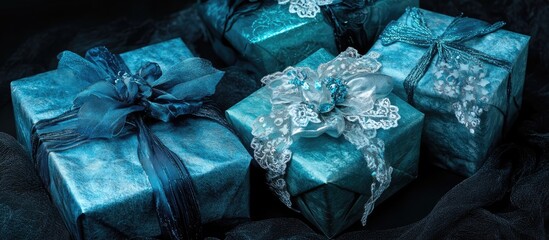 Wall Mural - Elegant blue and turquoise gift boxes wrapped in textured paper with lace and velvet ribbons against a dark background in closeup view