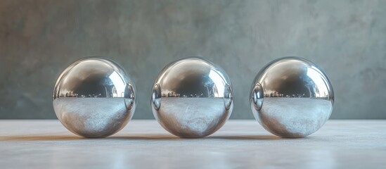 Aufkleber - Three reflective silver spheres arranged symmetrically on a minimalist surface with a textured gray background