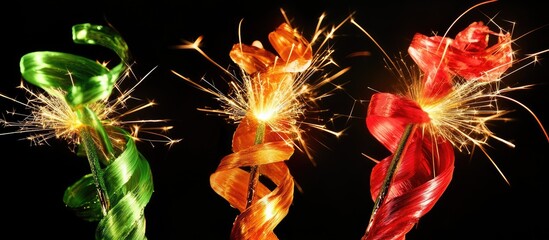 Aufkleber - Colorful festive sparklers with bright flames and shimmering ribbons set against a dark background for celebration themes.