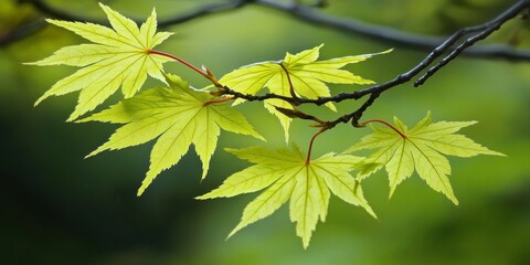 Wall Mural - Green leaves of Acer longipes gently grace a branch, showcasing their vibrant beauty with a soft focus that highlights the delicate details of the Acer longipes foliage.