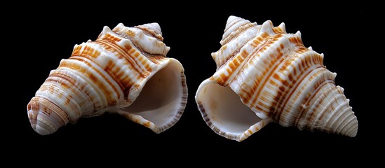 Poster - Twin sea shells showcasing intricate patterns and textures on a black background captured from a beach setting.