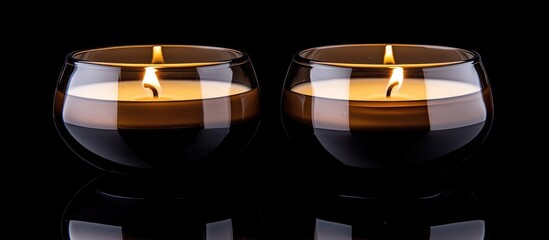 Poster - Elegant glowing candles in contemporary glass holders set against a dark background creating a serene and calming ambiance.