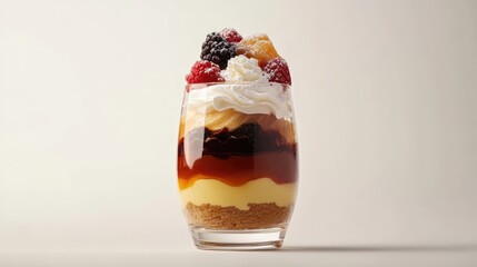 Poster - Layered trifle dessert with berries and cream served in a glass against a neutral background