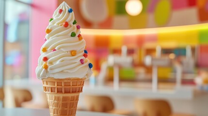 Poster - Colorful triple layered ice cream cone with sprinkles set against a vibrant blurred background of an ice cream shop interior