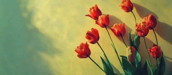 Fototapete - Vibrant red tulips on a soft yellow green background with an overhead perspective and ample space for personalized text or branding