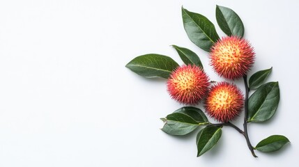 Poster - Fresh rambutan fruits with vibrant red skin and green leaves on a pristine white background ideal for healthy food and tropical fruit concepts.