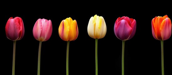 Poster - Vibrant multi-colored tulips elegantly arranged against a dark background showcasing their beauty and variety in a floral display.