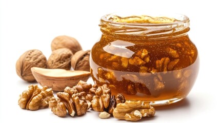 Poster - Turkish marmalade with assorted nuts in jar and scattered on white background showcasing traditional flavors and textures