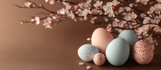 Poster - Trendy Easter still life with pastel eggs and spring blossoms on brown background showcasing minimalistic holiday elegance and ample copy space.
