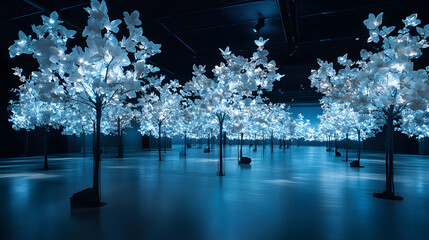 Poster - Illuminated trees create a magical, serene atmosphere in a dark space