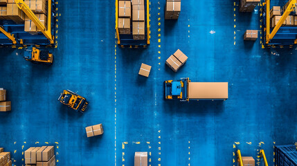 Poster - Aerial view of a busy warehouse with forklifts and stacked boxes on a blue floor