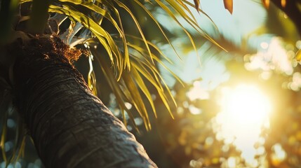 Poster - Tropical palm tree trunk and leaves against a bright summer sky with sunlight glares filtering through lush green branches