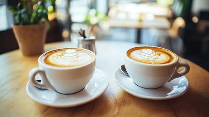 Poster - Two cups of latte art on a wooden table in a cozy cafe setting with blurred background and greenery.