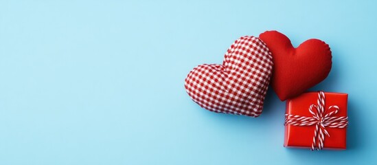 Poster - Checked hearts and a red gift box on a blue background evoking love and affection for Valentine's Day celebrations or romantic occasions