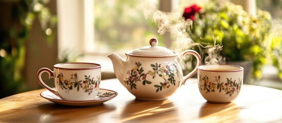 Poster - Charming tea set with floral design steaming on a wooden table surrounded by vibrant greenery for a cozy and inviting atmosphere