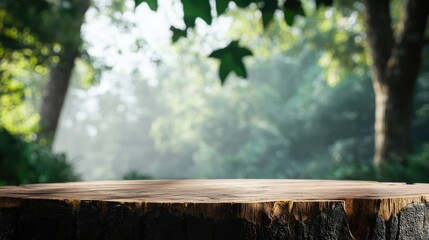 Poster - Wooden tree trunk in a serene forest setting offering space for product display or decoration with natural blurred background