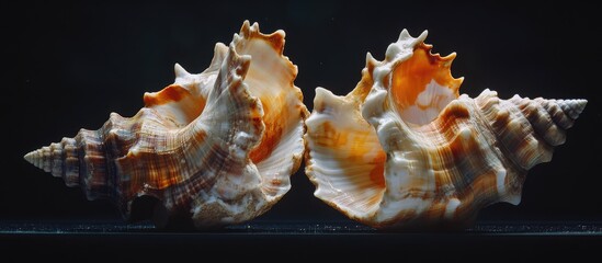 Poster - Twin seashells showcasing intricate patterns and vibrant colors, elegantly displayed against a dark background for artistic appeal.