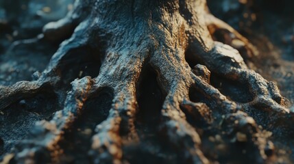 Poster - Detailed close-up of an ancient tree root showcasing intricate textures and natural patterns in a forest environment.