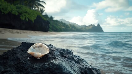Poster - Tropical beach scene featuring a shell on rock with ocean waves and coastal landscape in the background