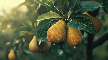Poster - Ripe pears hanging from a tree with glistening leaves and droplets of water at sunset in an orchard setting
