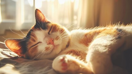 Poster - Tricolor cat lounging in sunlight enjoying a peaceful moments of warmth and relaxation indoors