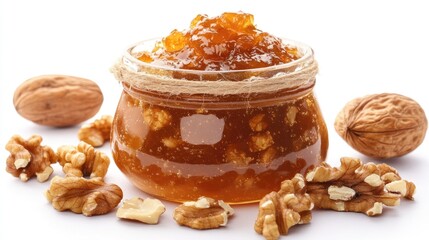Poster - Turkish marmalade with nuts in a glass jar surrounded by walnuts on a white background showcasing delicious traditional Turkish delicacies